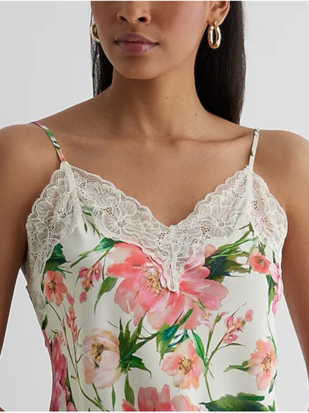 Express White Floral Lace-Trim “Downtown Cami”  with Pink Flowers - Picture 2 of 7
